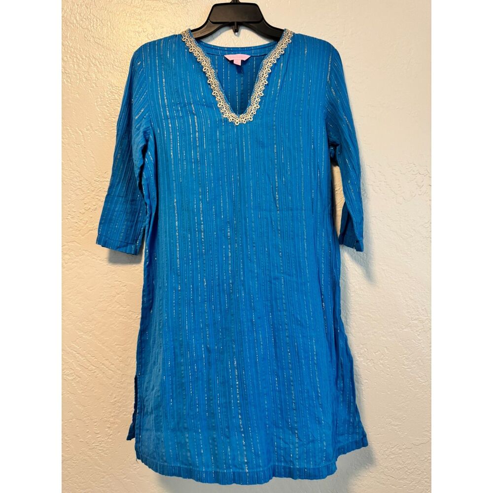 Lilly Pulitzer Esme Lurex Stripe Tunic Dress Blue Gold Medium